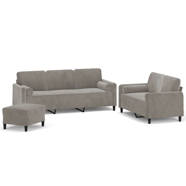 vidaXL 3 Piece Sofa Set with Throw Pillows&Cushions Light Grey Velvet
