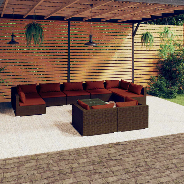 vidaXL 10 Piece Garden Lounge Set with Cushions Brown Poly Rattan