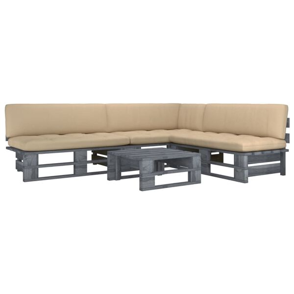 vidaXL 4 Piece Pallet Lounge Set & Cushions Grey Impregnated Pinewood
