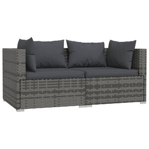 vidaXL 2-Seater Sofa with Cushions Grey Poly Rattan