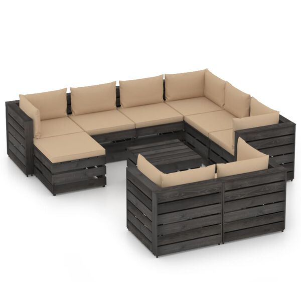 vidaXL 10 Piece Garden Lounge Set with Cushions Grey Impregnated Wood