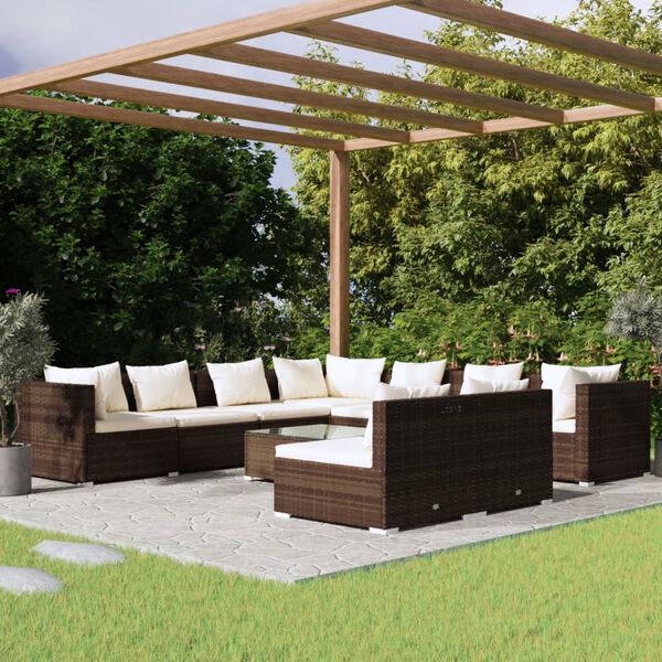vidaXL 10 Piece Garden Lounge Set with Cushions Brown Poly Rattan