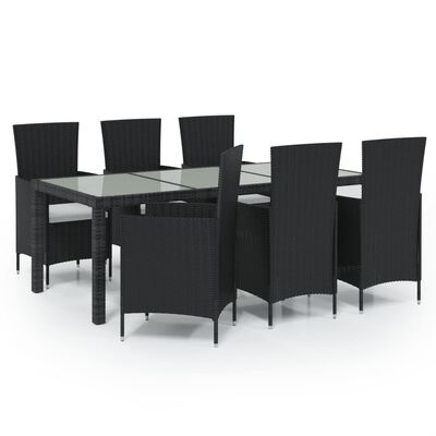 vidaXL 7 Piece Outdoor Dining Set with Cushions Poly Rattan Black