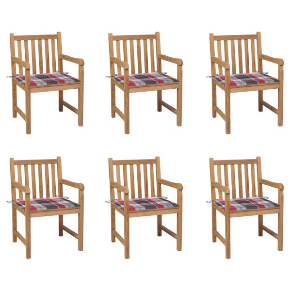 vidaXL Garden Chairs 6 pcs Red Check Pattern Cushions Solid Teak Wood