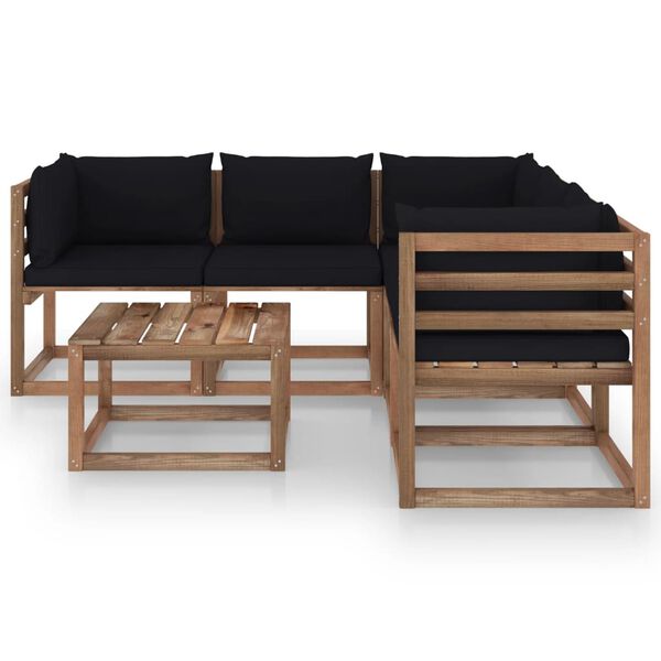 vidaXL 6 Piece Garden Lounge Set Black Cushion Impregnated Pinewood