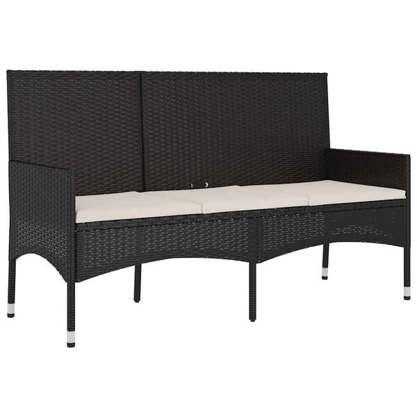 vidaXL 3-Seater Garden Bench with Cushions Black Poly Rattan