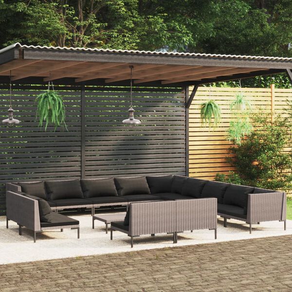 vidaXL 14 Piece Garden Lounge Set with Cushions Poly Rattan Dark Grey