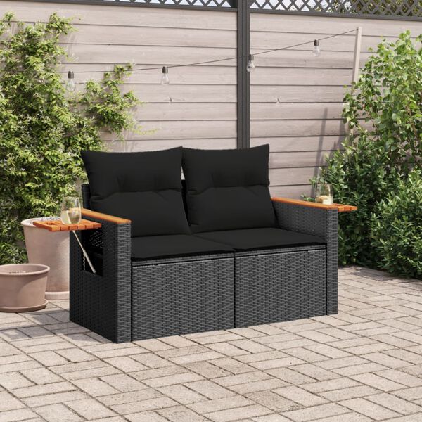 vidaXL Garden Sofa with Cushions 2-Seater Black Poly Rattan