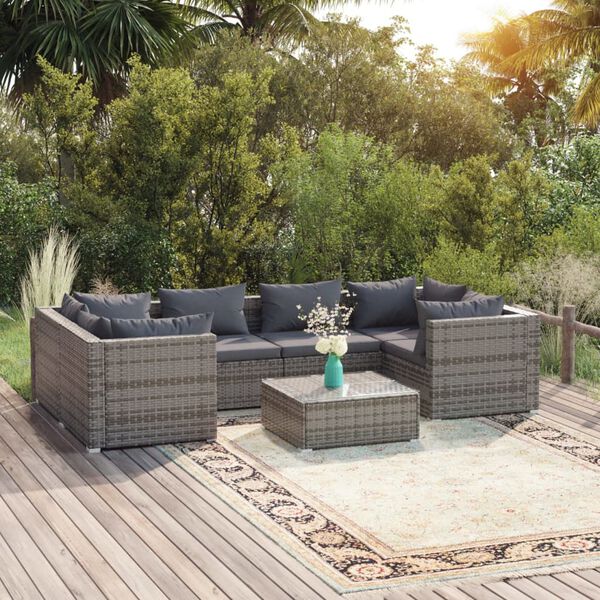 vidaXL 7 Piece Garden Lounge Set with Cushions Poly Rattan Grey