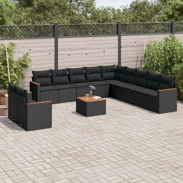 vidaXL 12 Piece Garden Sofa Set with Cushions Black Poly Rattan