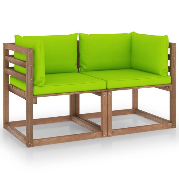 vidaXL Garden 2-Seater Pallet Sofa with Bright Green Cushions Pinewood