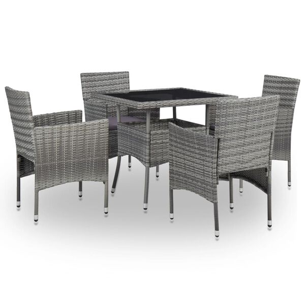 vidaXL 5 Piece Outdoor Dining Set Grey Poly Rattan and Glass