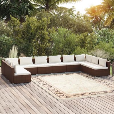 vidaXL 10 Piece Garden Lounge Set with Cushions Poly Rattan Brown