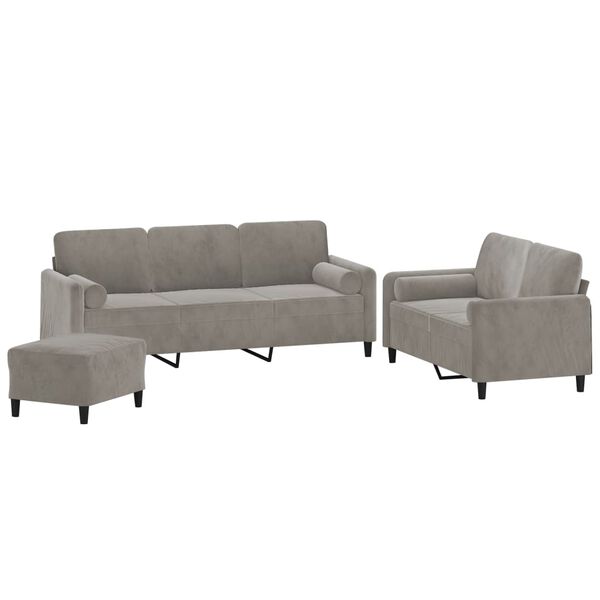 vidaXL 3 Piece Sofa Set with Throw Pillows&Cushions Light Grey Velvet