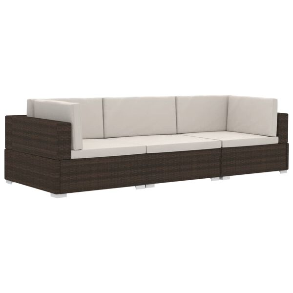 vidaXL 3 Piece Garden Sofa Set with Cushions Poly Rattan Brown