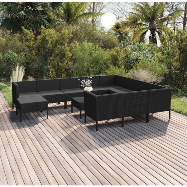vidaXL 12 Piece Garden Lounge Set with Cushions Poly Rattan Black