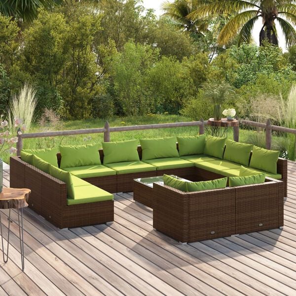 vidaXL 12 Piece Garden Lounge Set with Cushions Brown Poly Rattan