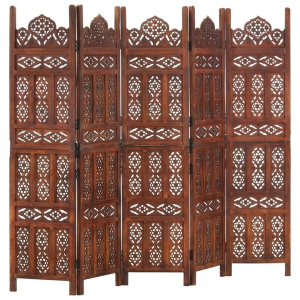 vidaXL Hand carved 5-Panel Room Divider Brown 200x165 cm Solid Mango Wood