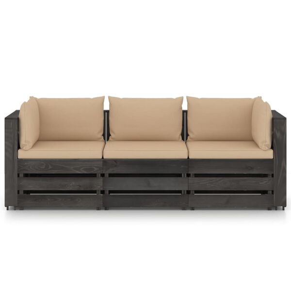 vidaXL 3-Seater Garden Sofa with Cushions Grey Impregnated Wood