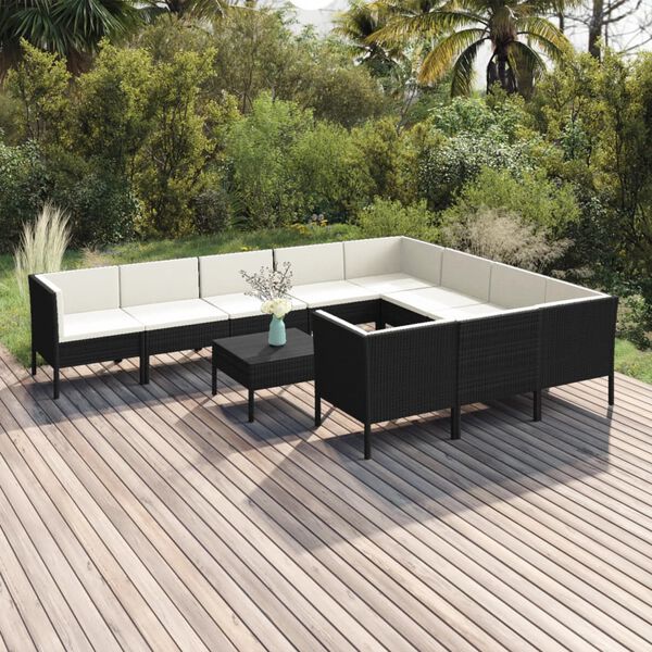vidaXL 11 Piece Garden Lounge Set with Cushions Poly Rattan Black