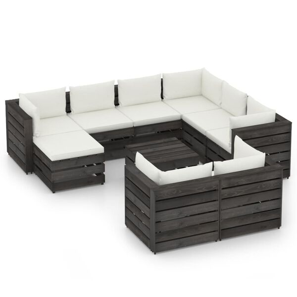 vidaXL 10 Piece Garden Lounge Set with Cushions Grey Impregnated Wood