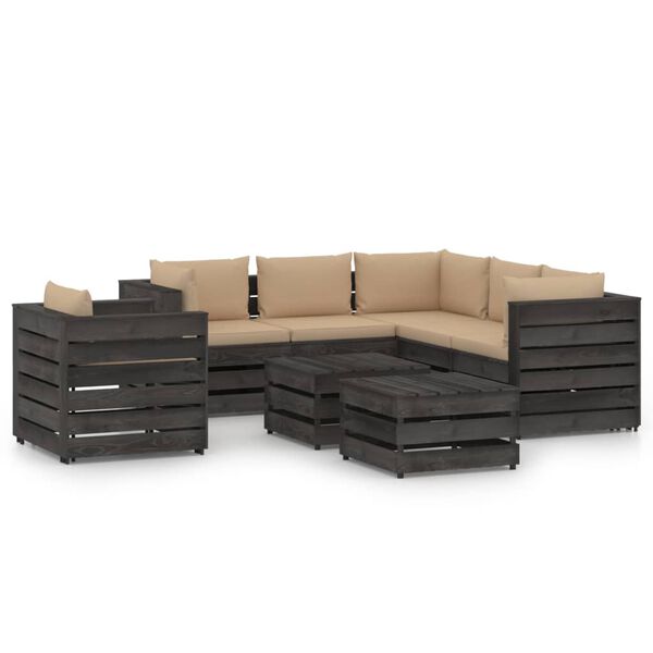 vidaXL 8 Piece Garden Lounge Set with Cushions Grey Impregnated Wood
