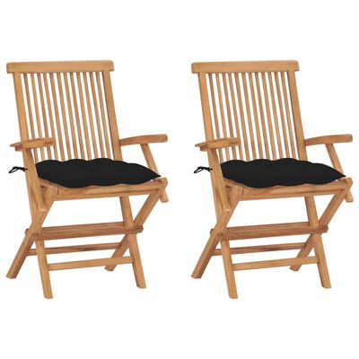 vidaXL Garden Chairs with Black Cushions 2 pcs Solid Teak Wood