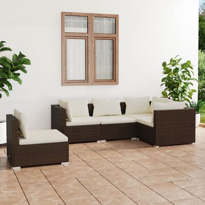 vidaXL 5 Piece Garden Lounge Set with Cushions Poly Rattan Brown