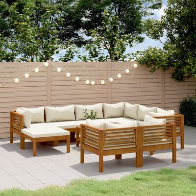 vidaXL 10 Piece Garden Lounge Set with Cream Cushion Solid Acacia Wood