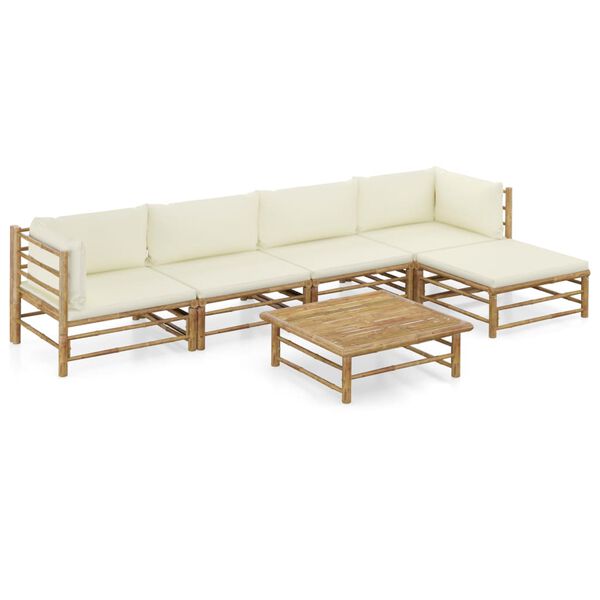 vidaXL 6 Piece Garden Lounge Set with Cream White Cushions Bamboo