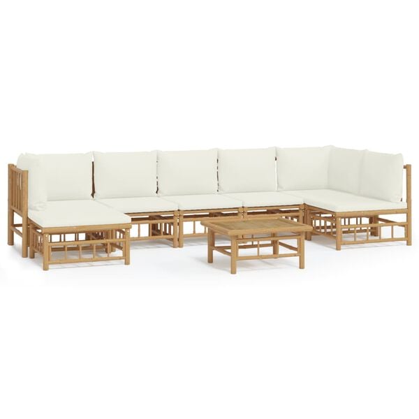 vidaXL 8 Piece Garden Lounge Set with Cream White Cushions Bamboo