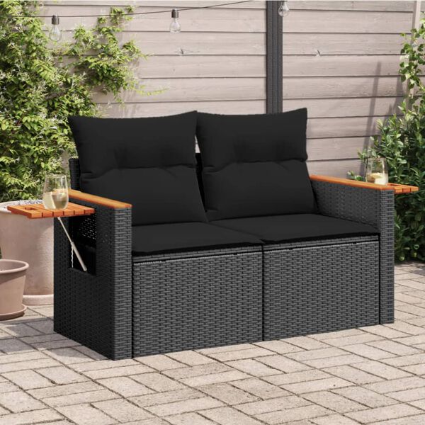 vidaXL Garden Sofa with Cushions 2-Seater Black Poly Rattan