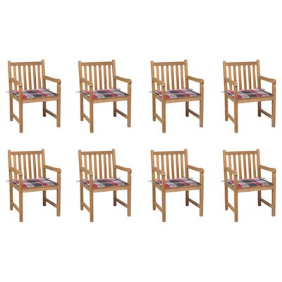 vidaXL Garden Chairs 8 pcs Red Check Pattern Cushions Solid Teak Wood