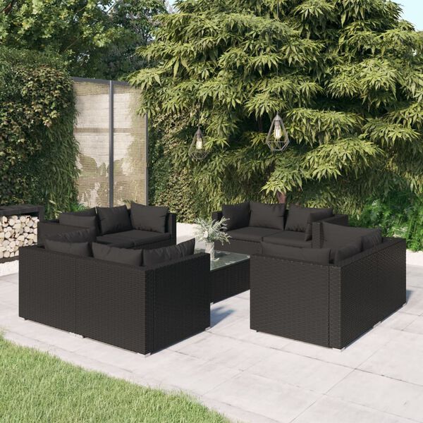 vidaXL 9 Piece Garden Lounge Set with Cushions Poly Rattan Black
