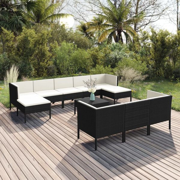 vidaXL 11 Piece Garden Lounge Set with Cushions Poly Rattan Black