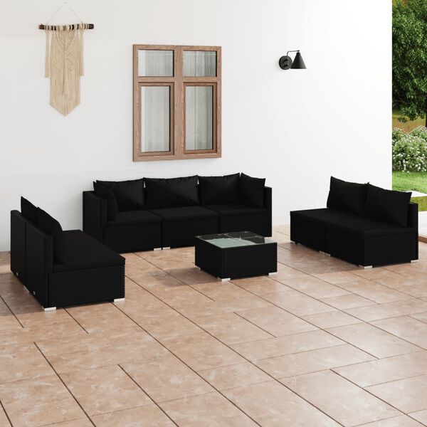 vidaXL 8 Piece Garden Lounge Set with Cushions Poly Rattan Black