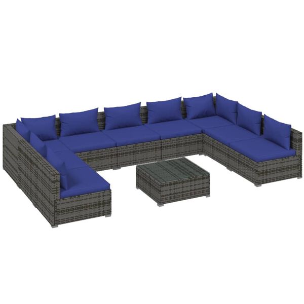 vidaXL 10 Piece Garden Lounge Set with Cushions Poly Rattan Grey