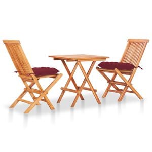 vidaXL 3 Piece Bistro Set with Wine Red Cushions Solid Teak Wood (48997+314887)