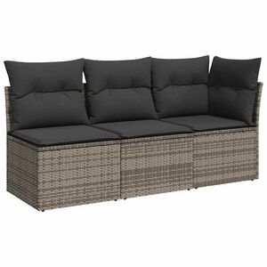 vidaXL Garden Sofa with Cushions 3-Seater Grey Poly Rattan