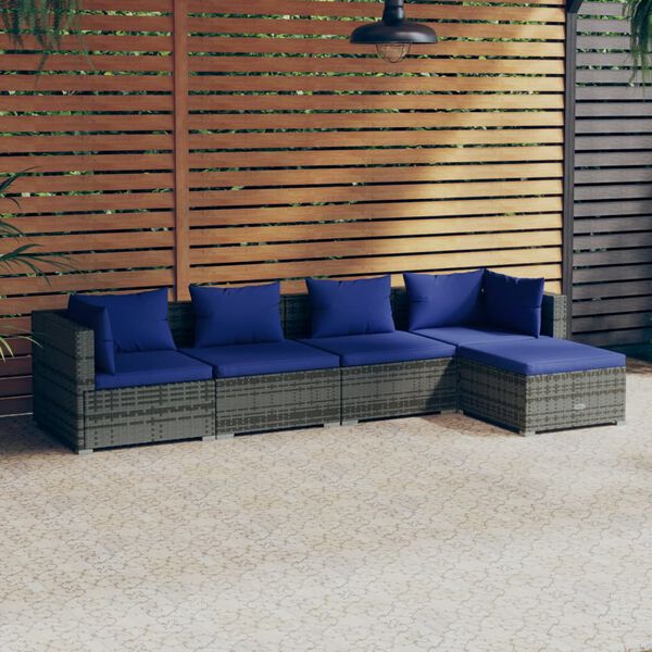 vidaXL 5 Piece Garden Lounge Set with Cushions Poly Rattan Grey