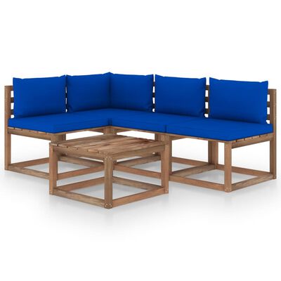 vidaXL 5 Piece Garden Lounge Set with Blue Cushions
