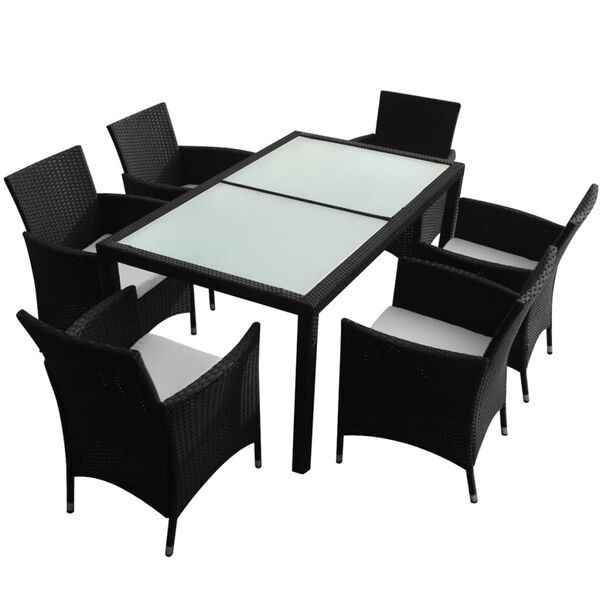 vidaXL 7 Piece Outdoor Dining Set with Cushions Poly Rattan Black
