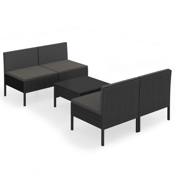 vidaXL 5 Piece Garden Lounge Set with Cushions Poly Rattan Black