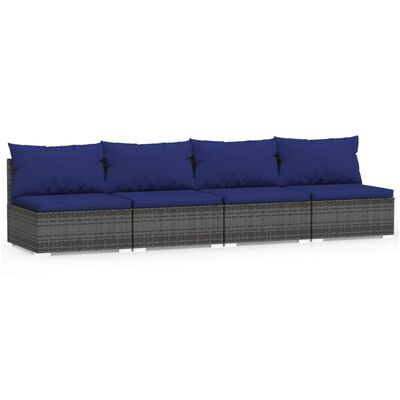 vidaXL 4-Seater Sofa with Cushions Grey Poly Rattan