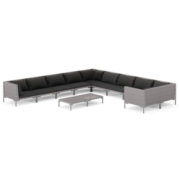 vidaXL 11 Piece Garden Lounge Set with Cushions Poly Rattan Dark Grey