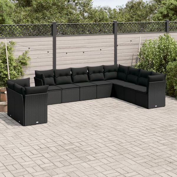 vidaXL 10 Piece Garden Sofa Set with Cushions Black Poly Rattan