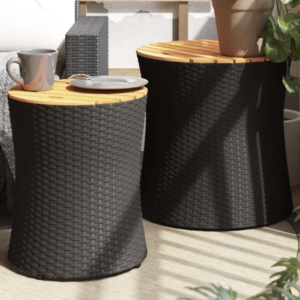 vidaXL Garden Side Tables 2 pcs with Wooden Top Black Poly Rattan