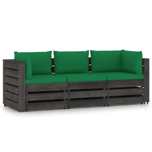 vidaXL 3-Seater Garden Sofa with Cushions Grey Impregnated Wood