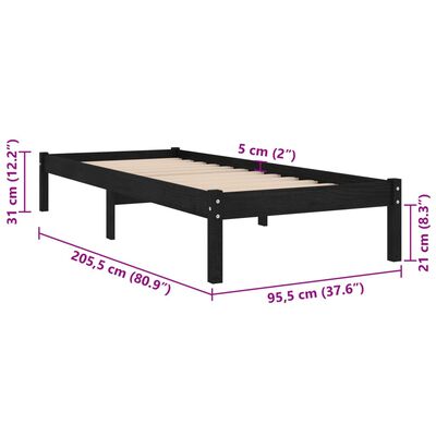 vidaXL Bed Frame without Mattress Black Solid Wood 90x200 cm