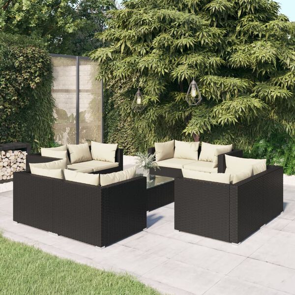 vidaXL 9 Piece Garden Lounge Set with Cushions Poly Rattan Black